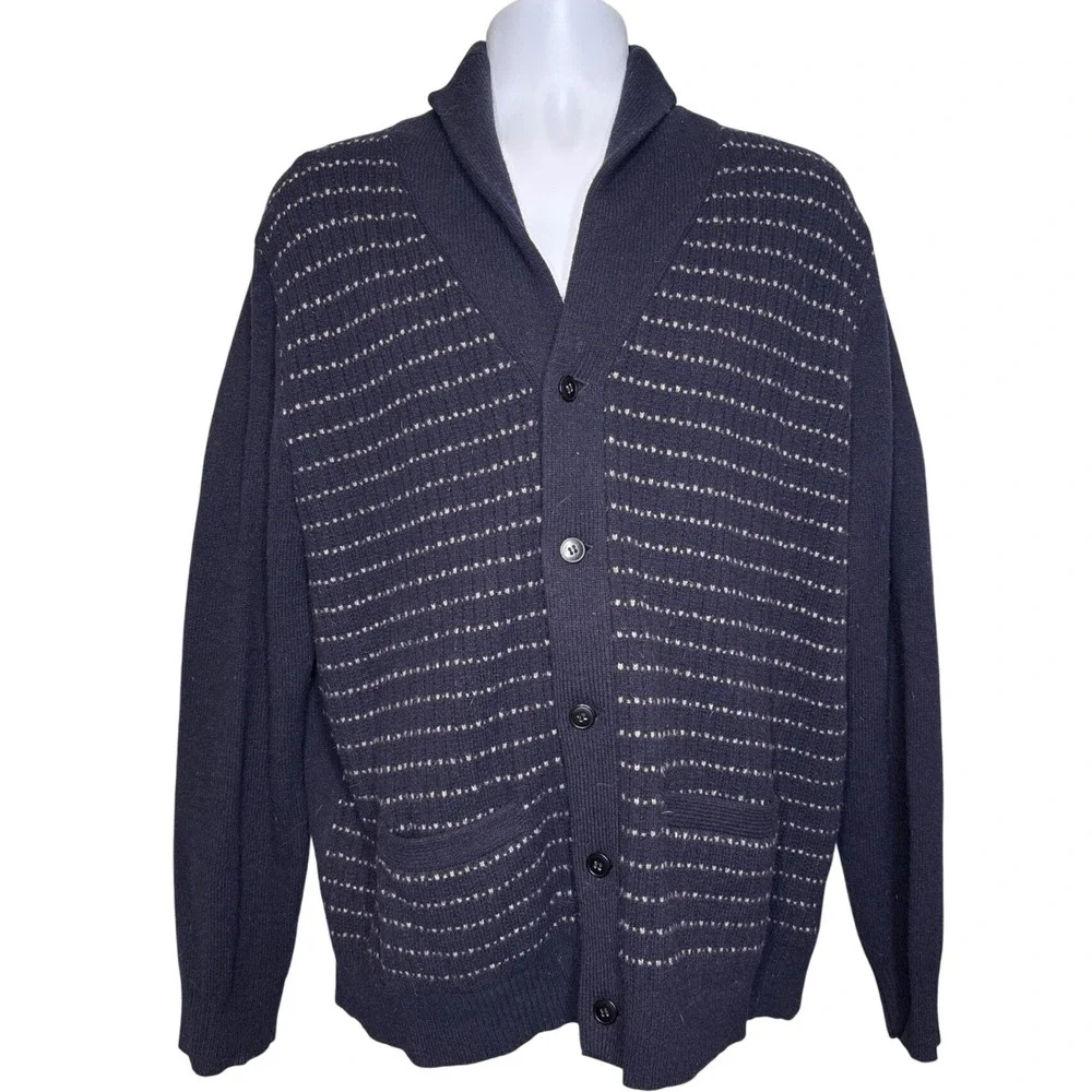 J Crew Mens Navy Lambswool Shawl‎ Collar Cardigan Sweater Size L Heritage Preppy